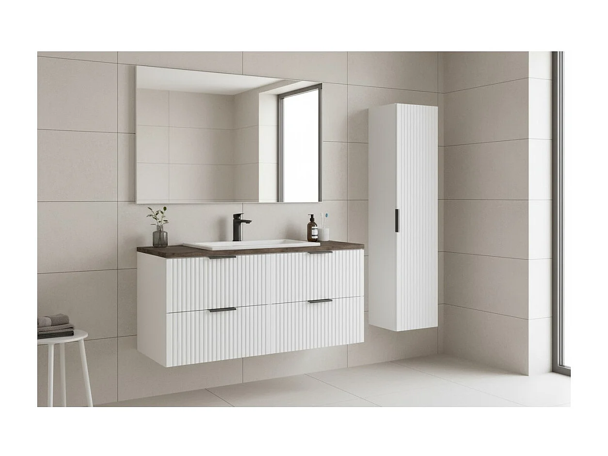 Ensemble de salle de bain NOXERA 120 cm – Meuble sous vasque suspendu blanc alpin effet bois épicéa avec plan vasque, colonne et