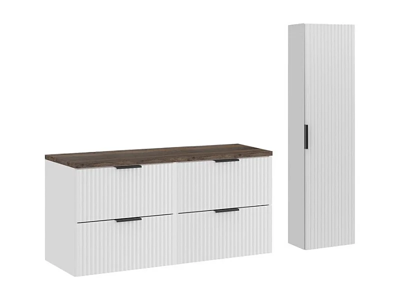 Ensemble de salle de bain NOXERA 120 cm – Meuble sous vasque suspendu blanc alpin effet bois épicéa avec plan vasque, colonne et