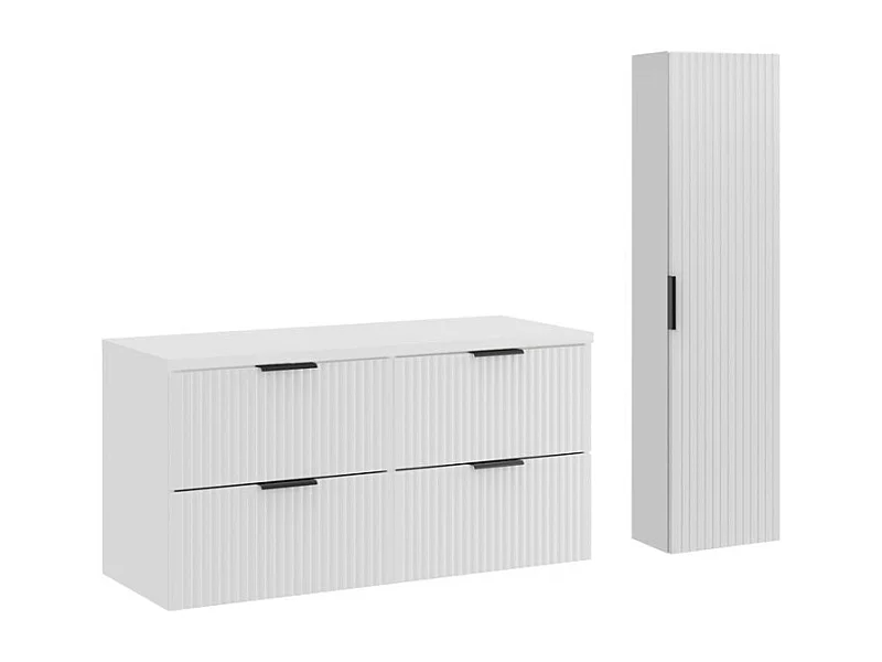 Ensemble de salle de bain NOXERA 120 cm – Meuble sous vasque suspendu blanc alpin mat avec plan vasque, colonne et miroir LED