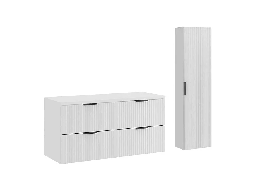 Ensemble de salle de bain NOXERA 120 cm – Meuble sous vasque suspendu blanc alpin mat avec plan vasque, colonne et miroir LED