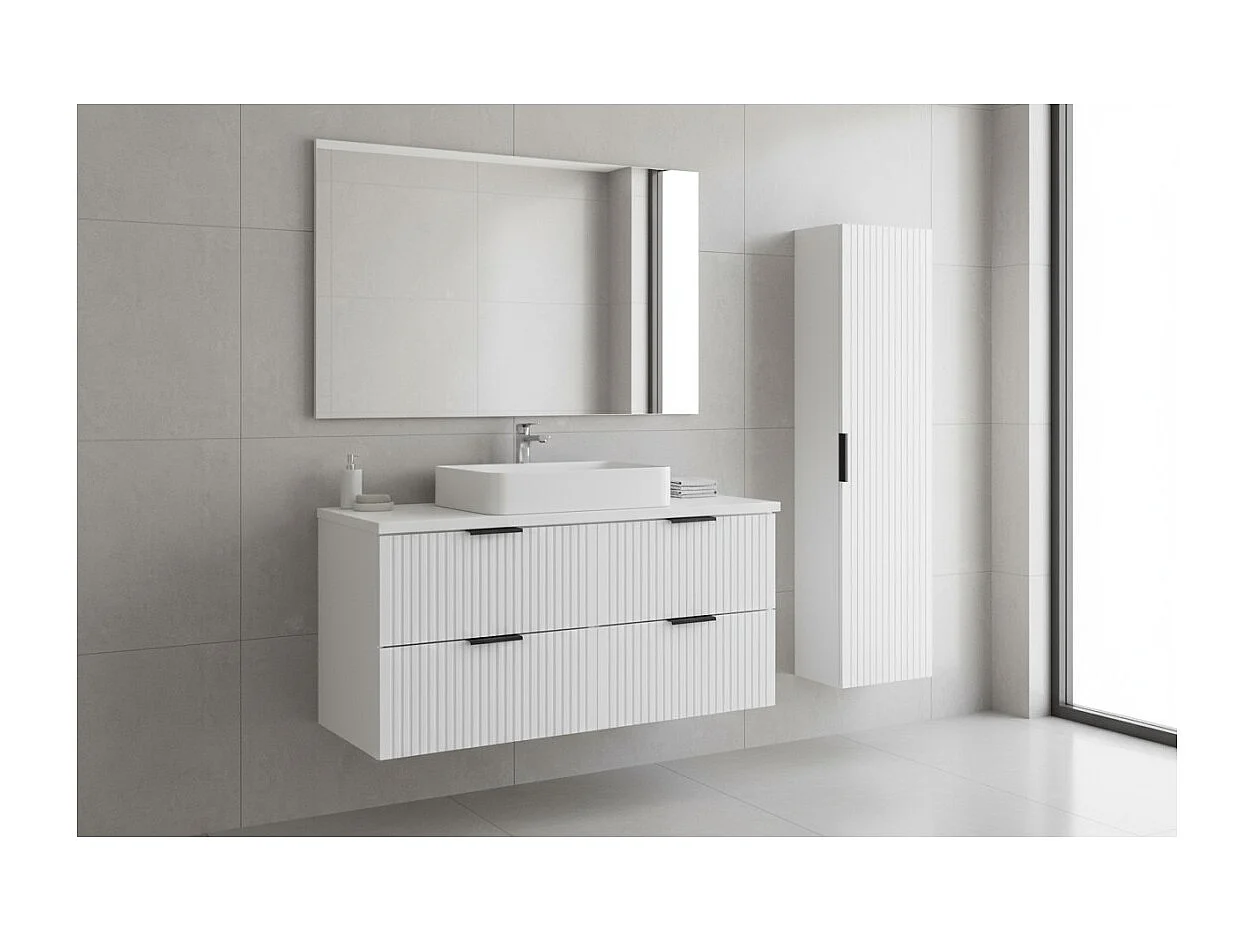 Ensemble de salle de bain NOXERA 120 cm – Meuble sous vasque suspendu blanc alpin mat avec plan vasque, colonne et miroir LED