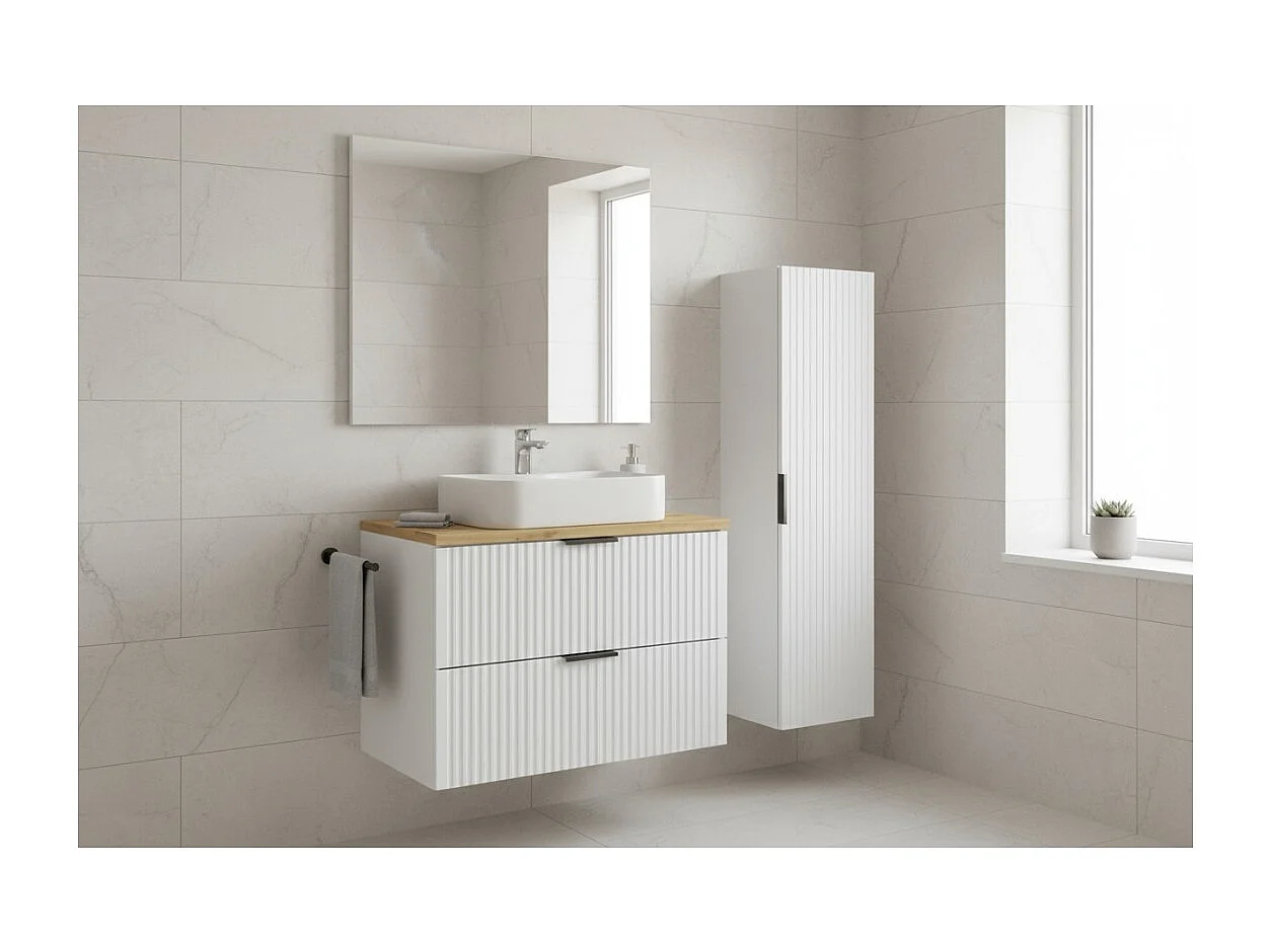 Ensemble de salle de bain NOXERA 80 cm – Meuble sous vasque suspendu blanc alpin avec plan vasque chêne clair et colonne murale