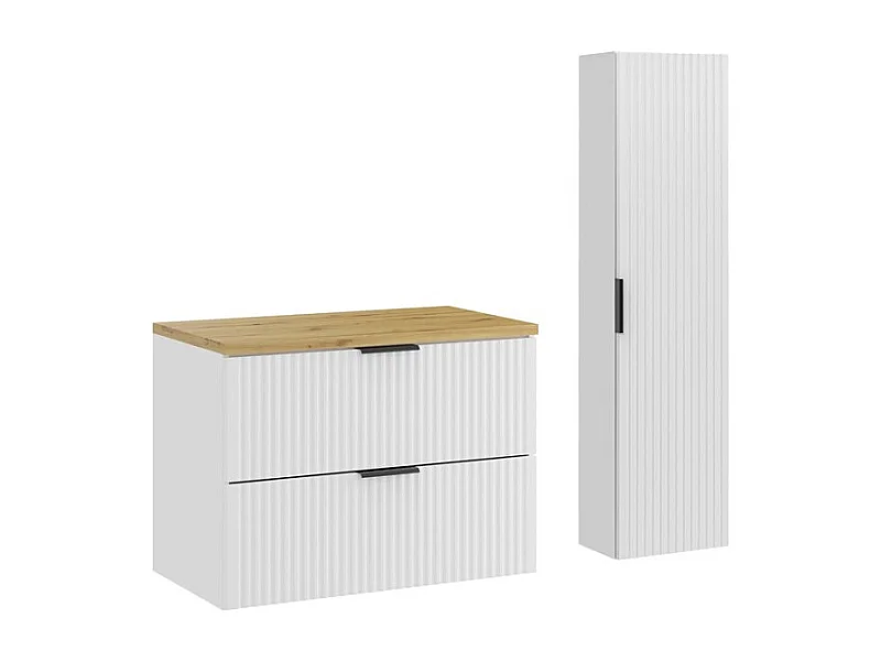 Ensemble de salle de bain NOXERA 80 cm – Meuble sous vasque suspendu blanc alpin avec plan vasque chêne clair et colonne murale