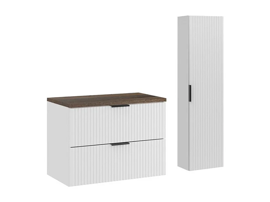 Ensemble de salle de bain NOXERA 80 cm – Meuble sous vasque suspendu blanc alpin effet bois épicéa avec plan vasque et colonne