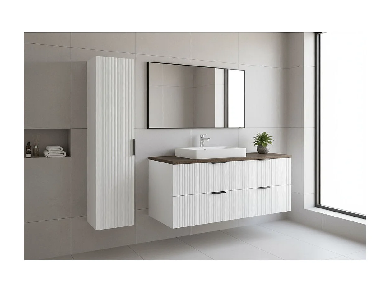 Ensemble de salle de bain NOXERA 80 cm – Meuble sous vasque suspendu blanc alpin effet bois épicéa avec plan vasque et colonne
