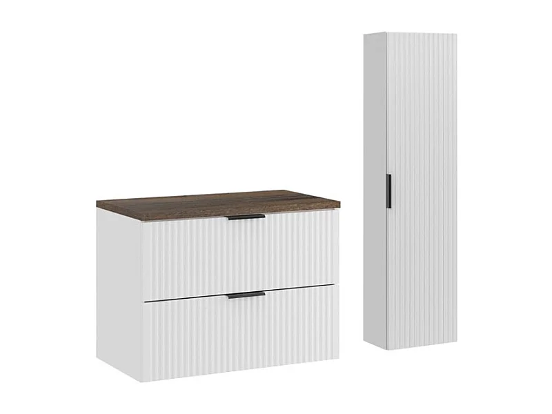 Ensemble de salle de bain NOXERA 80 cm – Meuble sous vasque suspendu blanc alpin effet bois épicéa avec plan vasque et colonne