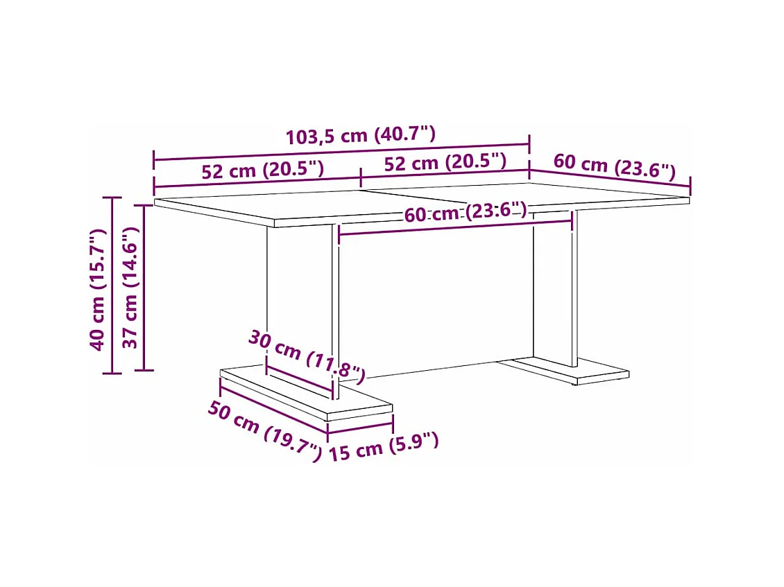Table basse chêne artisanal 103,5 x 60 x 40 cm
