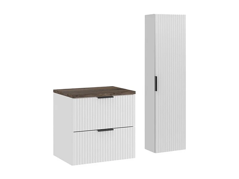 Ensemble de salle de bain NOXERA 60 cm – Meuble sous vasque suspendu blanc alpin effet bois épicéa avec plan vasque et colonne
