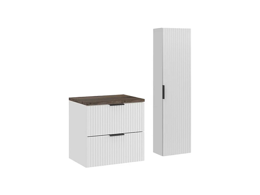 Ensemble de salle de bain NOXERA 60 cm – Meuble sous vasque suspendu blanc alpin effet bois épicéa avec plan vasque et colonne