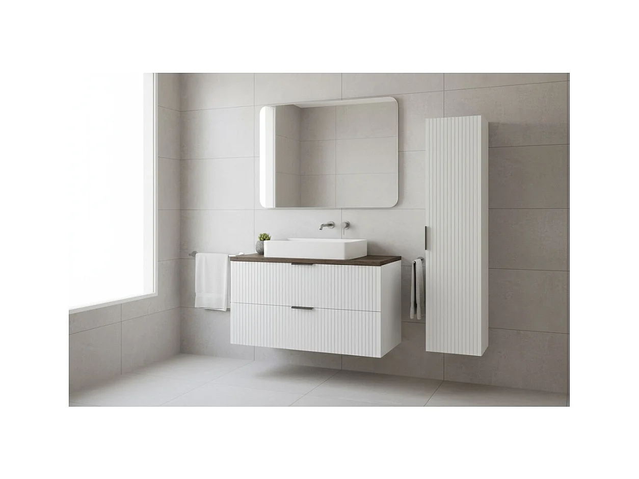 Ensemble de salle de bain NOXERA 60 cm – Meuble sous vasque suspendu blanc alpin effet bois épicéa avec plan vasque et colonne