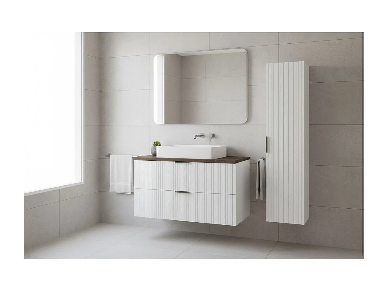 Ensemble de salle de bain NOXERA 60 cm – Meuble sous vasque suspendu blanc alpin effet bois épicéa avec plan vasque et colonne