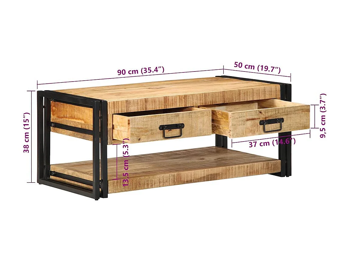 Mesa de centro 90x50x38 cm de madera maciza de mango