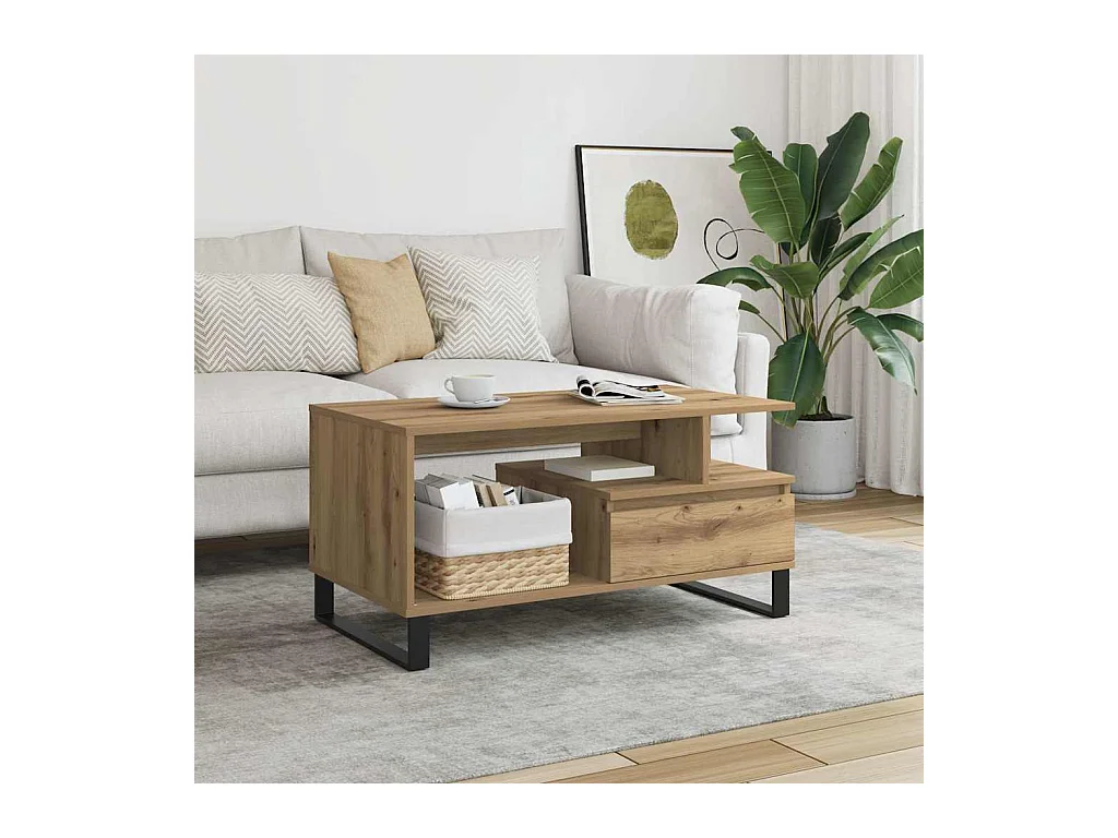 Table basse chêne artisanal 90x49x45 cm bois d'ingénierie