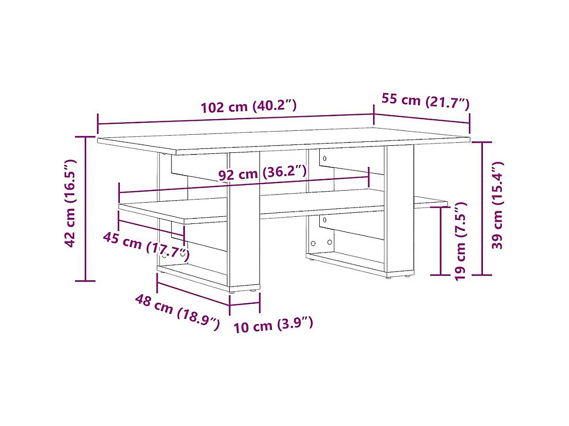 Salontafel 102x55x42 cm bewerkt hout artisanaal eikenkleur