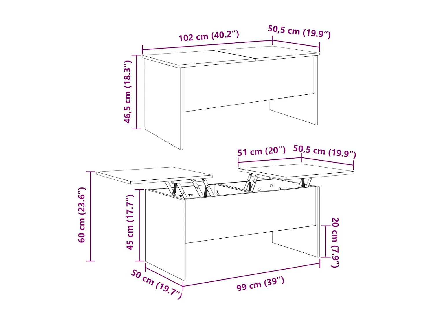 Table basse Chêne noir 102 x 50,5 x 46,5 cm Bois d'ingénierie