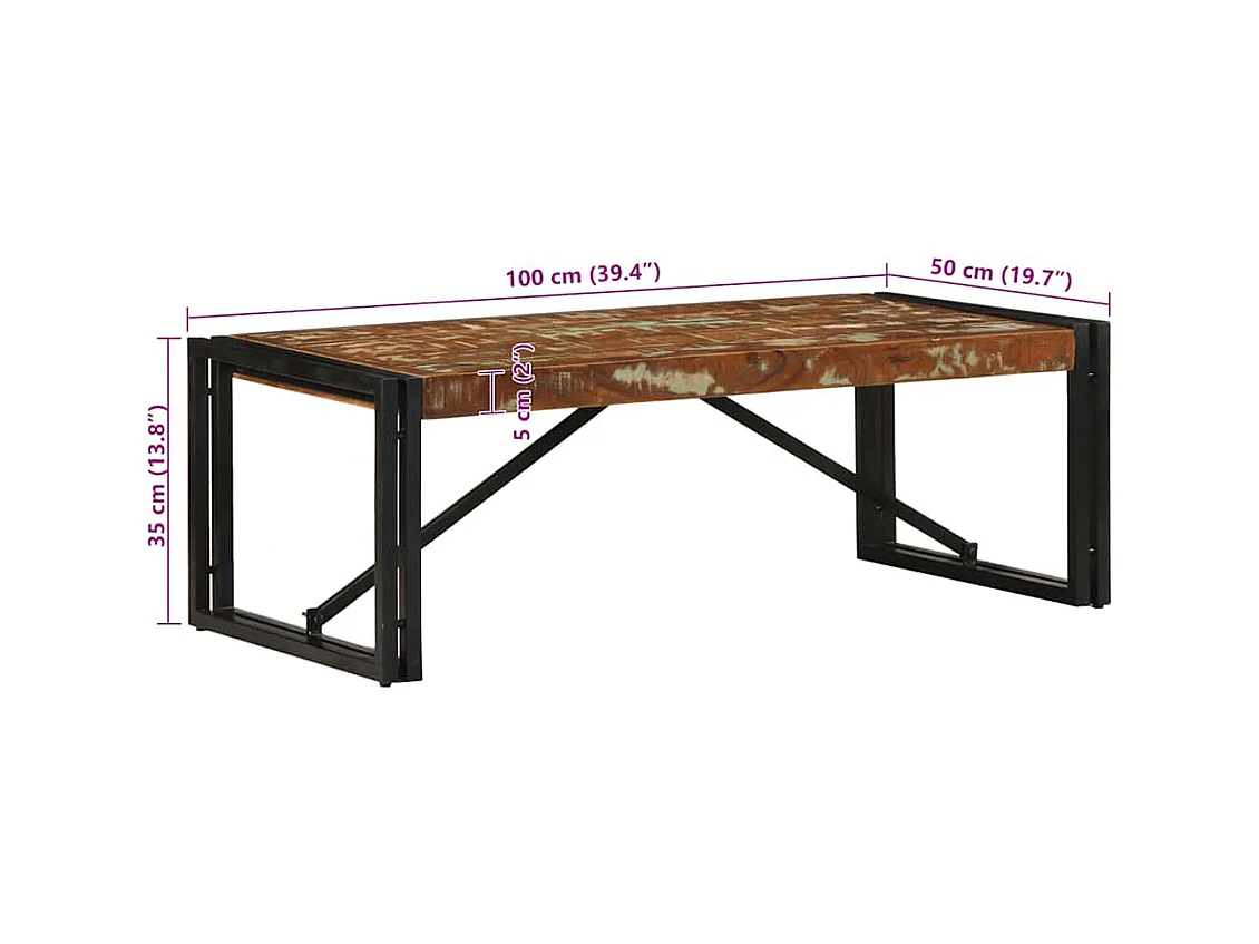 Table basse multicolore 100x50x35cm bois de récupération massif