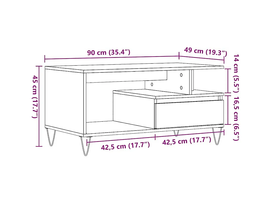 Mesa de centro madera ingeniería madera envejecida 90x49x45 cm