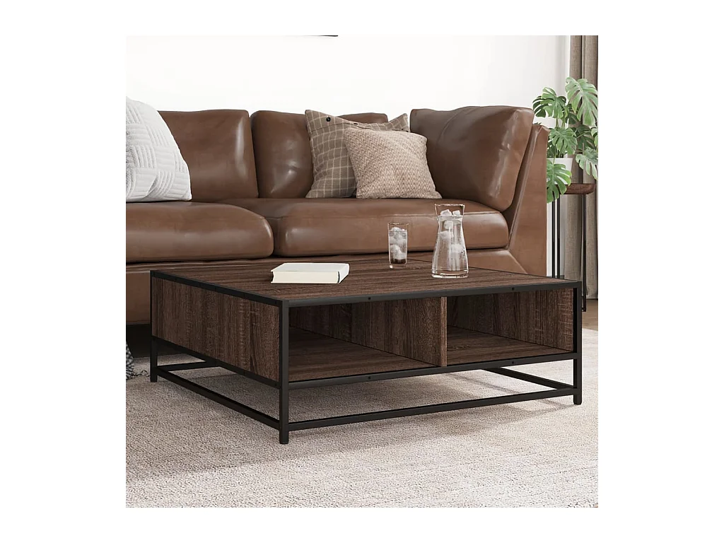 Table basse chêne marron 80x80x30 cm bois d'ingénierie et métal