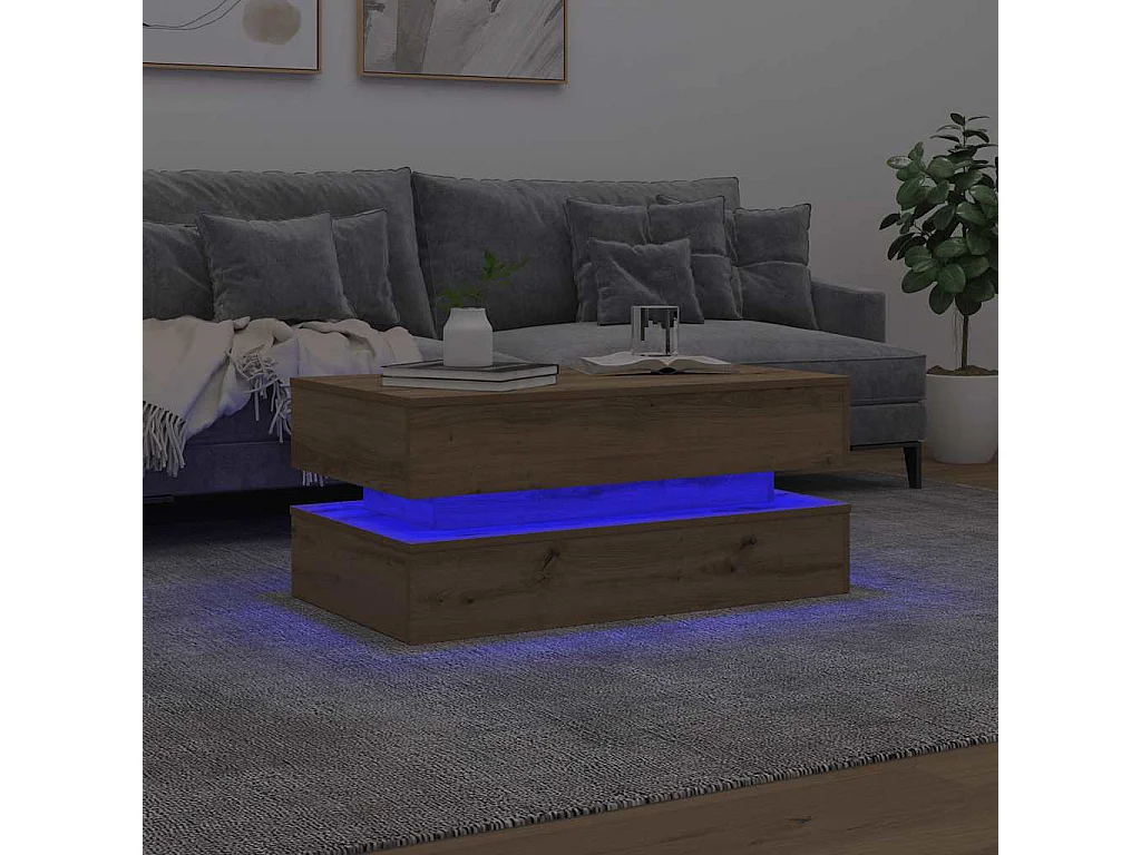 Table basse avec lumières LED chêne artisanal 90x50x40 cm