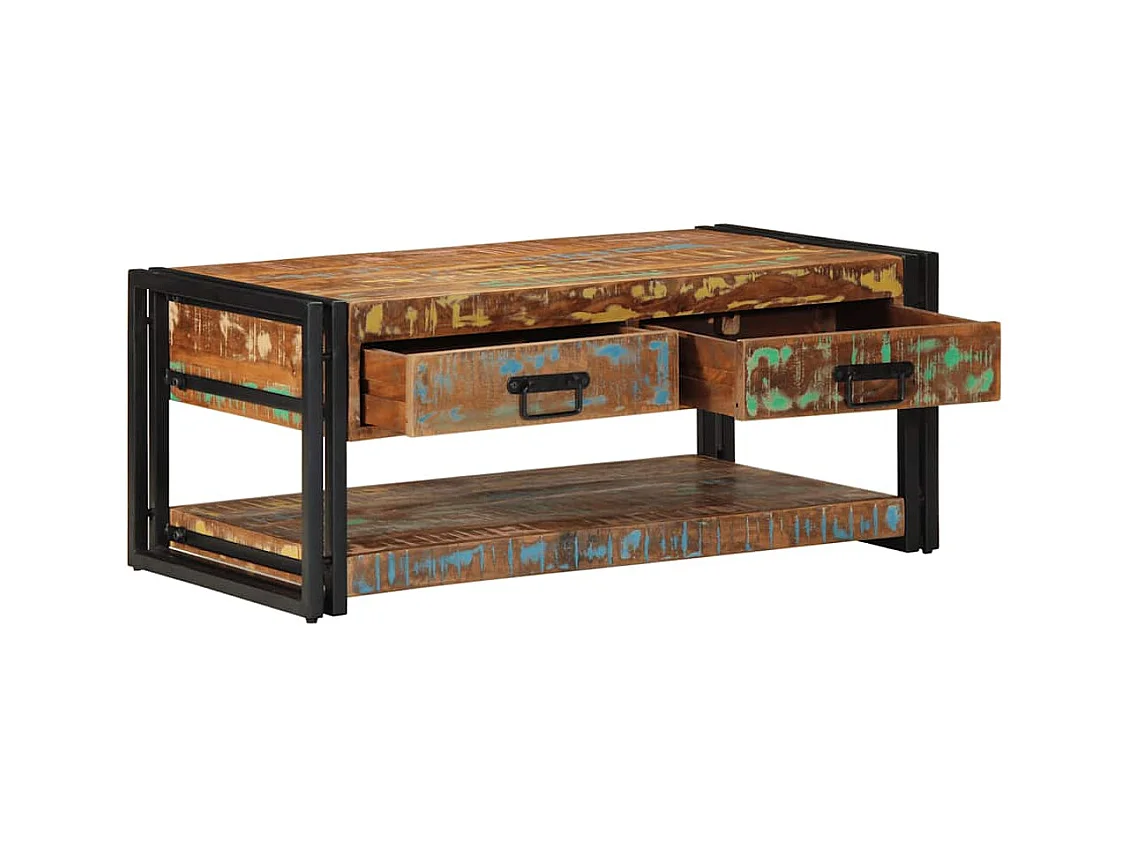 Table basse multicolore 90x50x38 cm bois de récupération massif