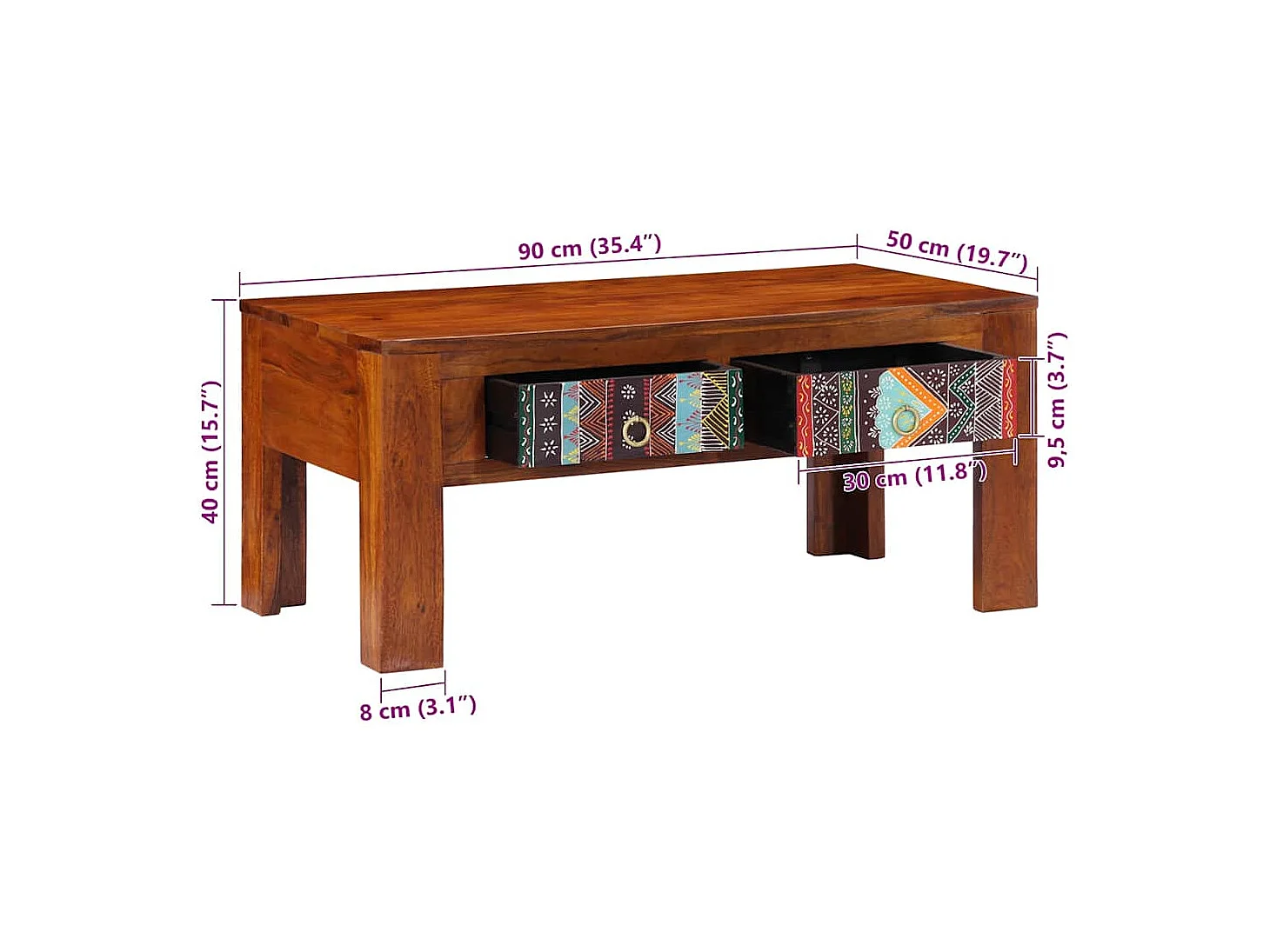 Mesa de centro 90x50x40 cm madeira de acácia maciça