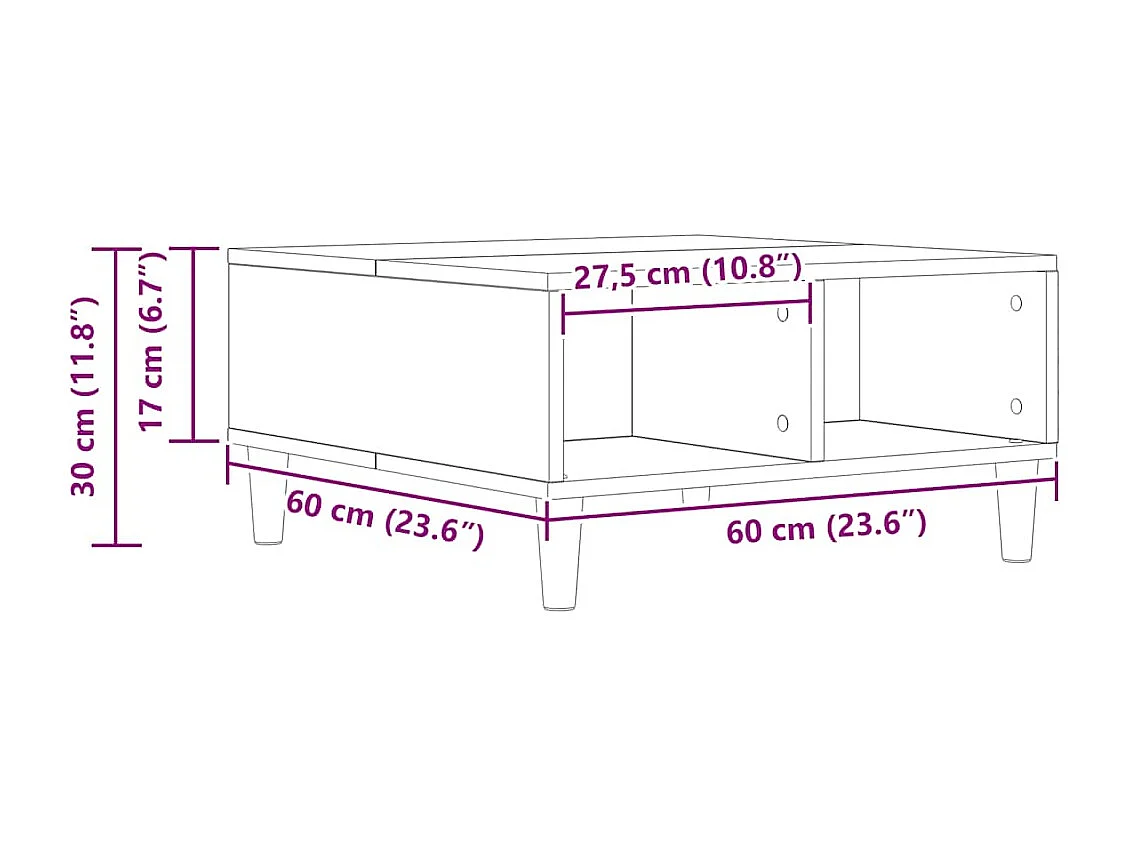 Table basse chêne artisanal 60x60x30 cm bois d'ingénierie