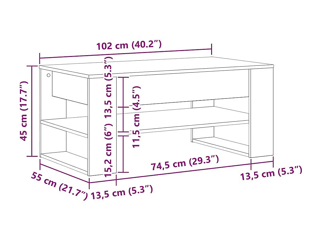 Mesa de centro carvalho artisiano 102 x 55 x 45 cm