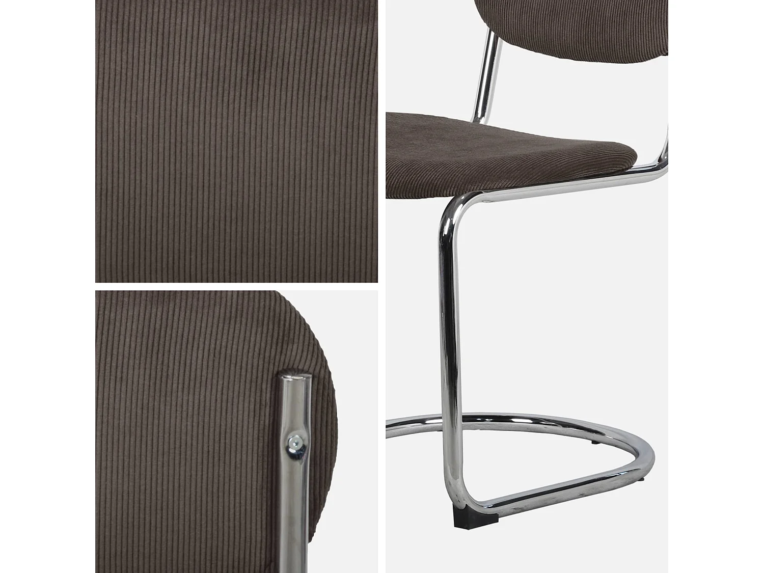 Lot de 2 chaises cantilever arrondie métal. velours côtelé marron et pieds chromés - L 47 x P 54.5 x H 81cm - Maloa