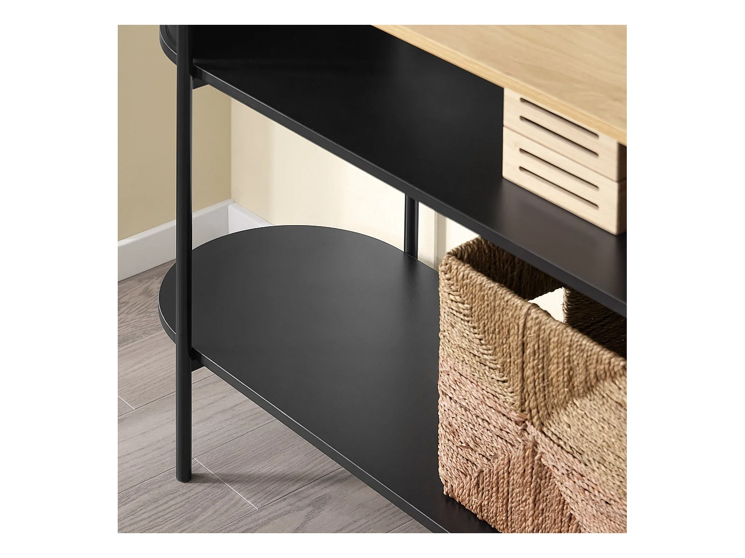 SoBuy konsola korytarzowa z drewna i metalu z półkami w kolorze czarnym