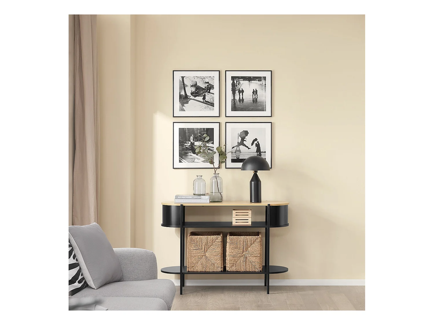 SoBuy konsola korytarzowa z drewna i metalu z półkami w kolorze czarnym