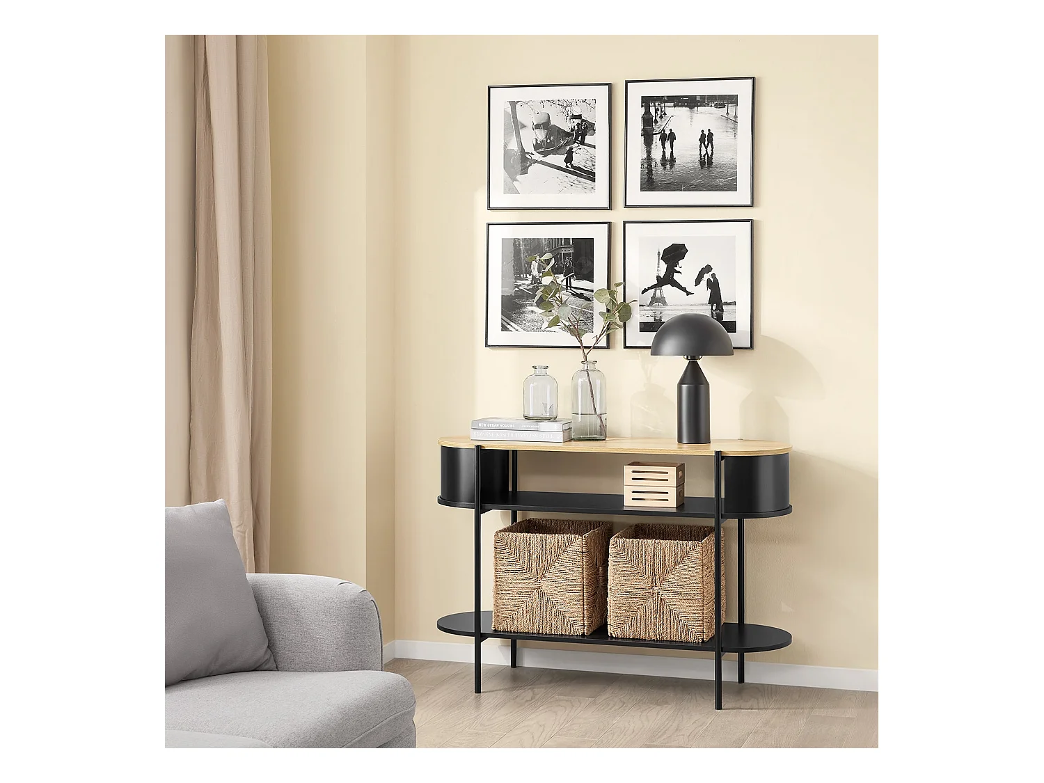 SoBuy konsola korytarzowa z drewna i metalu z półkami w kolorze czarnym