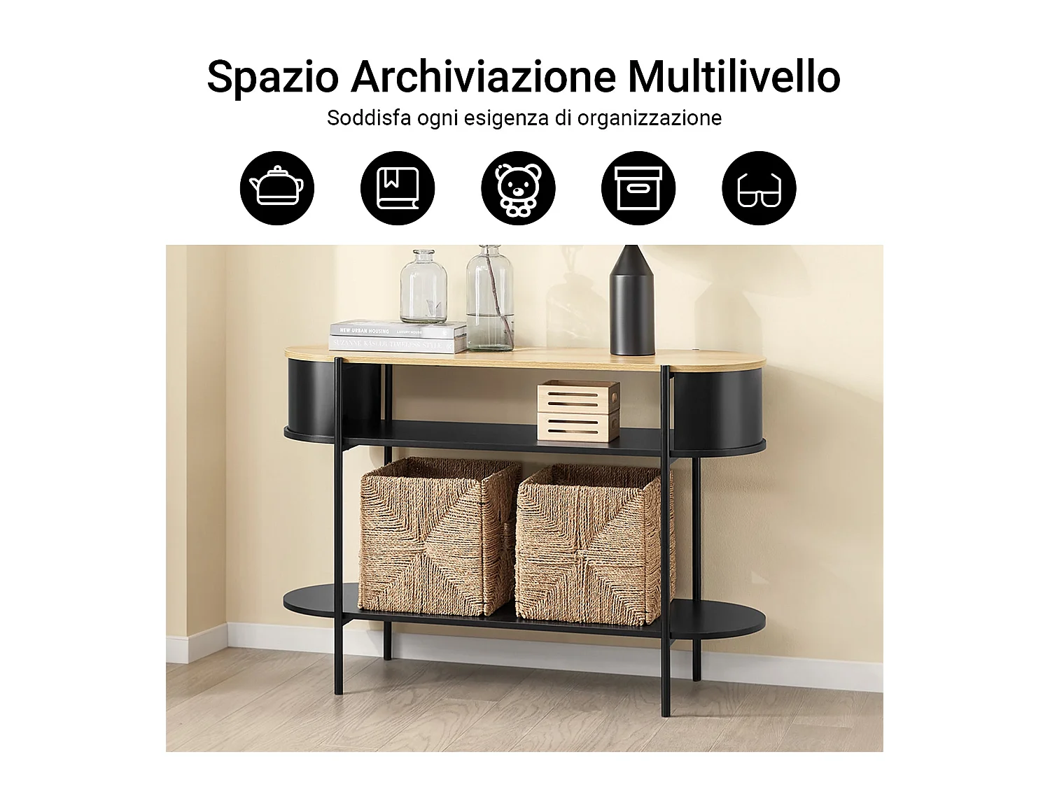 SoBuy konsola korytarzowa z drewna i metalu z półkami w kolorze czarnym