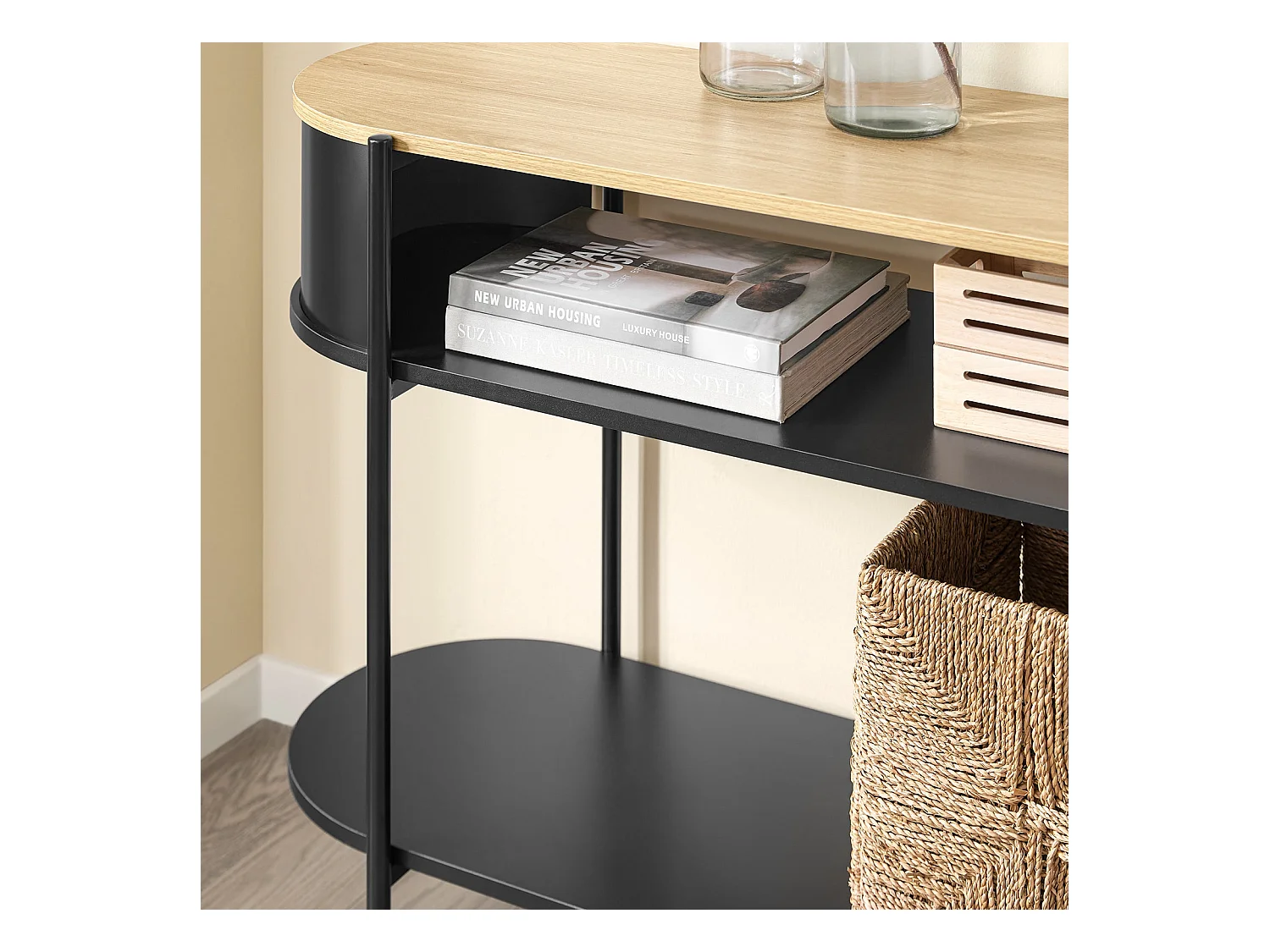 SoBuy konsola korytarzowa z drewna i metalu z półkami w kolorze czarnym