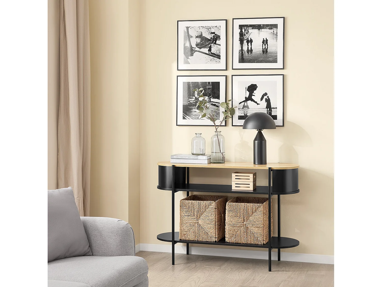 SoBuy konsola korytarzowa z drewna i metalu z półkami w kolorze czarnym