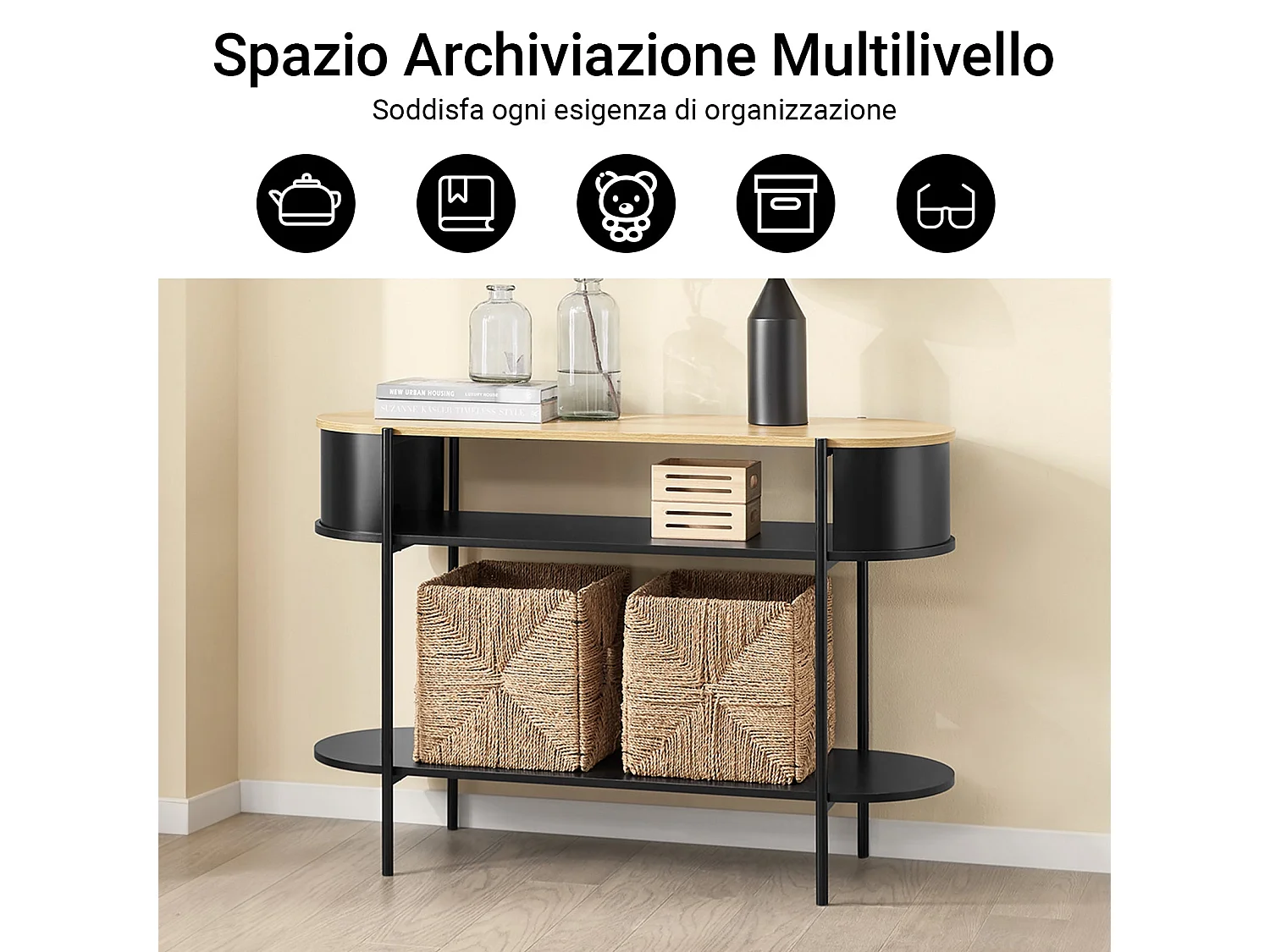 SoBuy konsola korytarzowa z drewna i metalu z półkami w kolorze czarnym