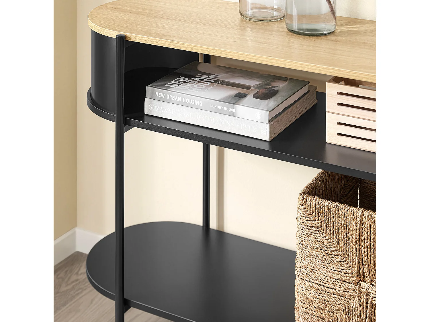 SoBuy konsola korytarzowa z drewna i metalu z półkami w kolorze czarnym
