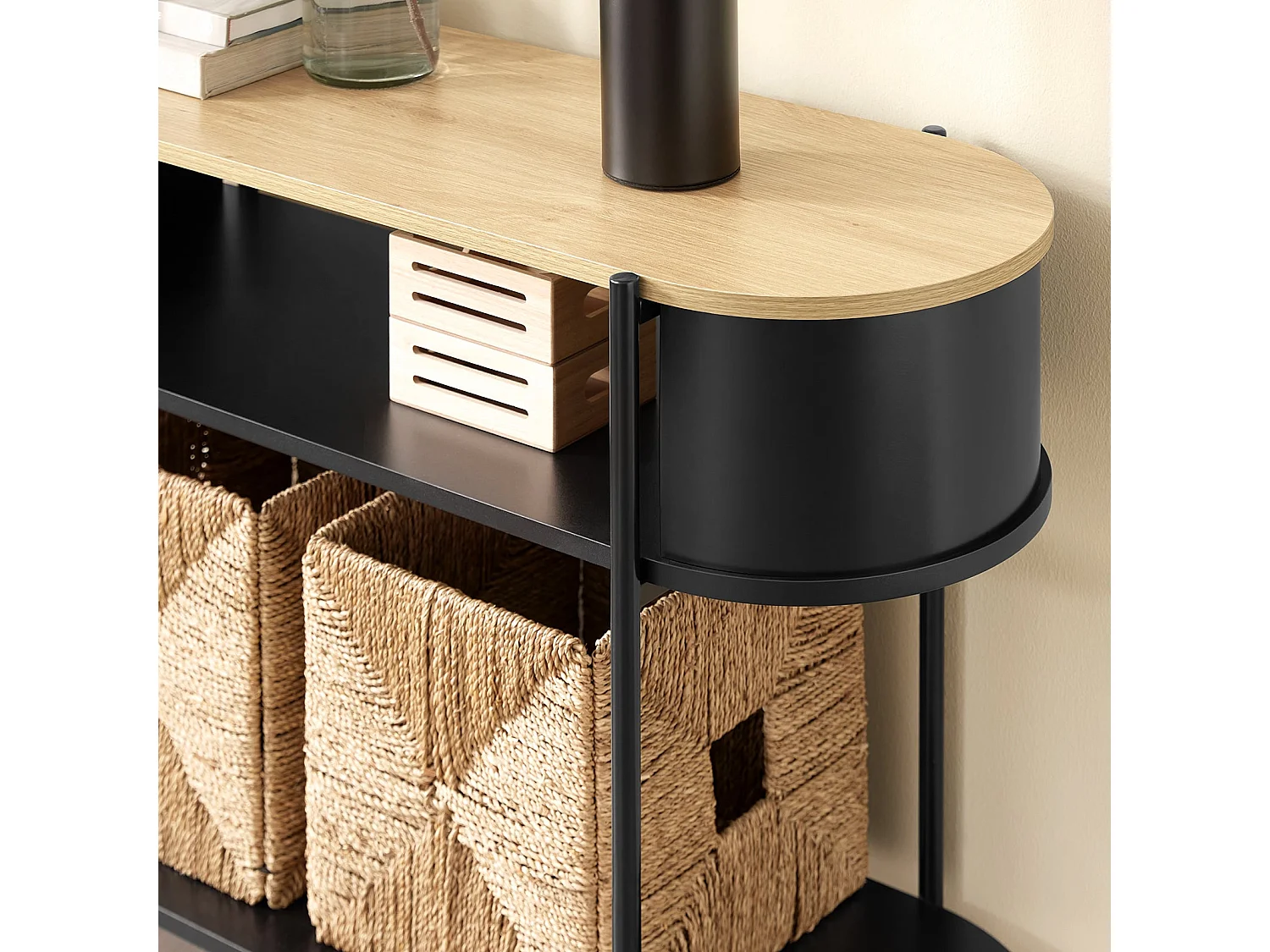 SoBuy konsola korytarzowa z drewna i metalu z półkami w kolorze czarnym