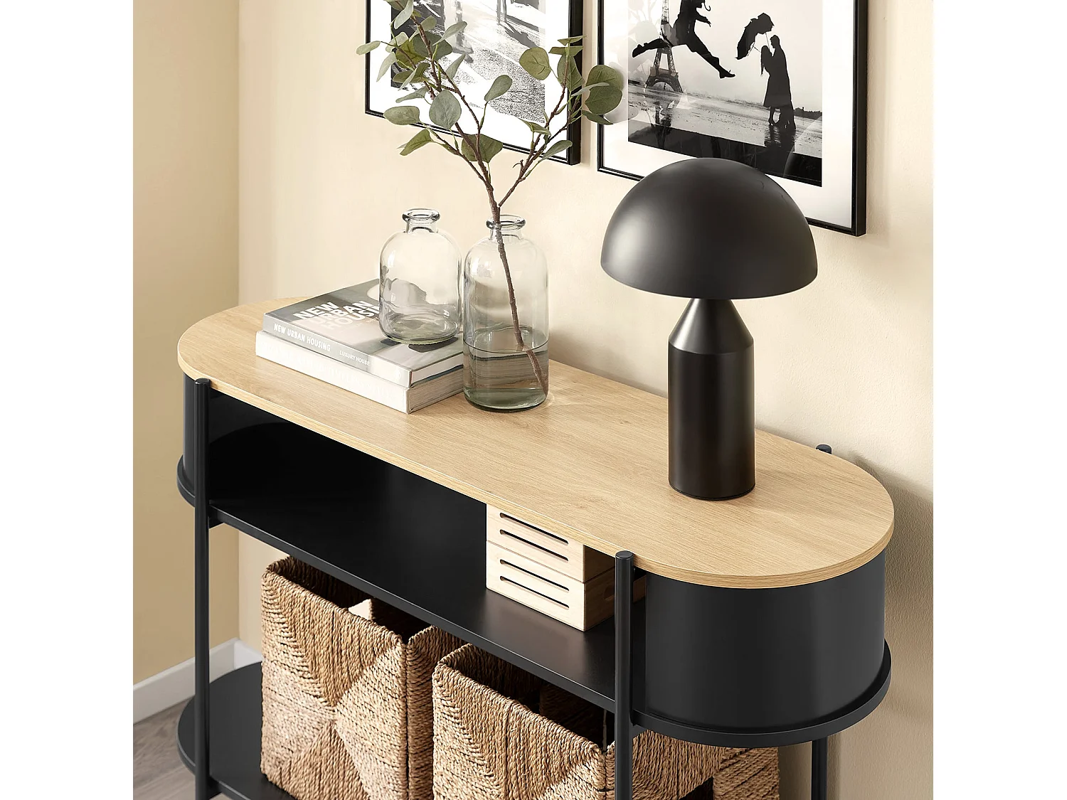 SoBuy konsola korytarzowa z drewna i metalu z półkami w kolorze czarnym