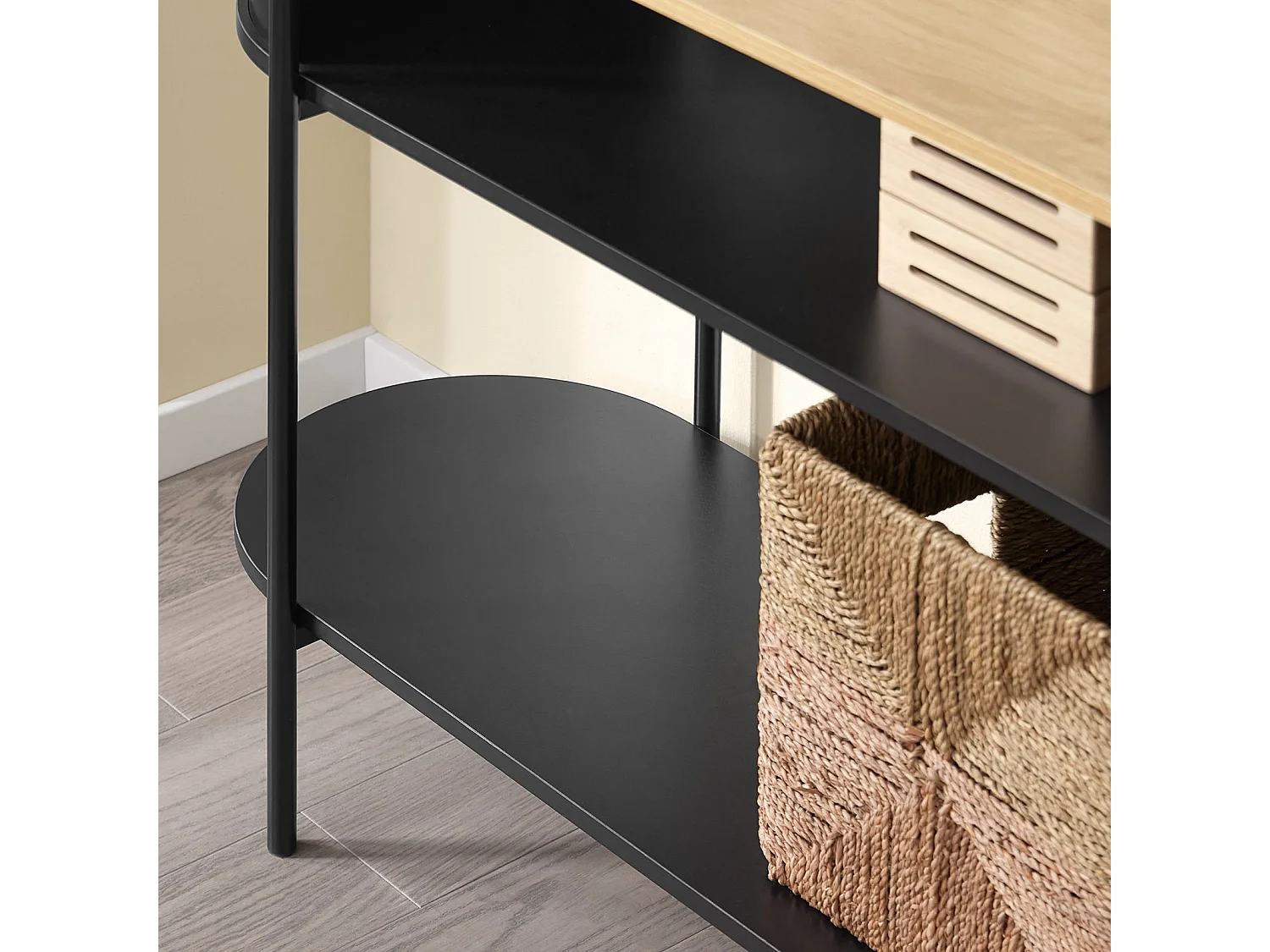 SoBuy konsola korytarzowa z drewna i metalu z półkami w kolorze czarnym