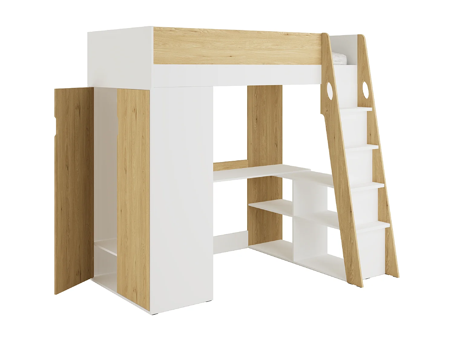 Lit mezzanine 90 x 190 cm avec armoire et bureau – Coloris : Naturel et blanc - ARMONESA