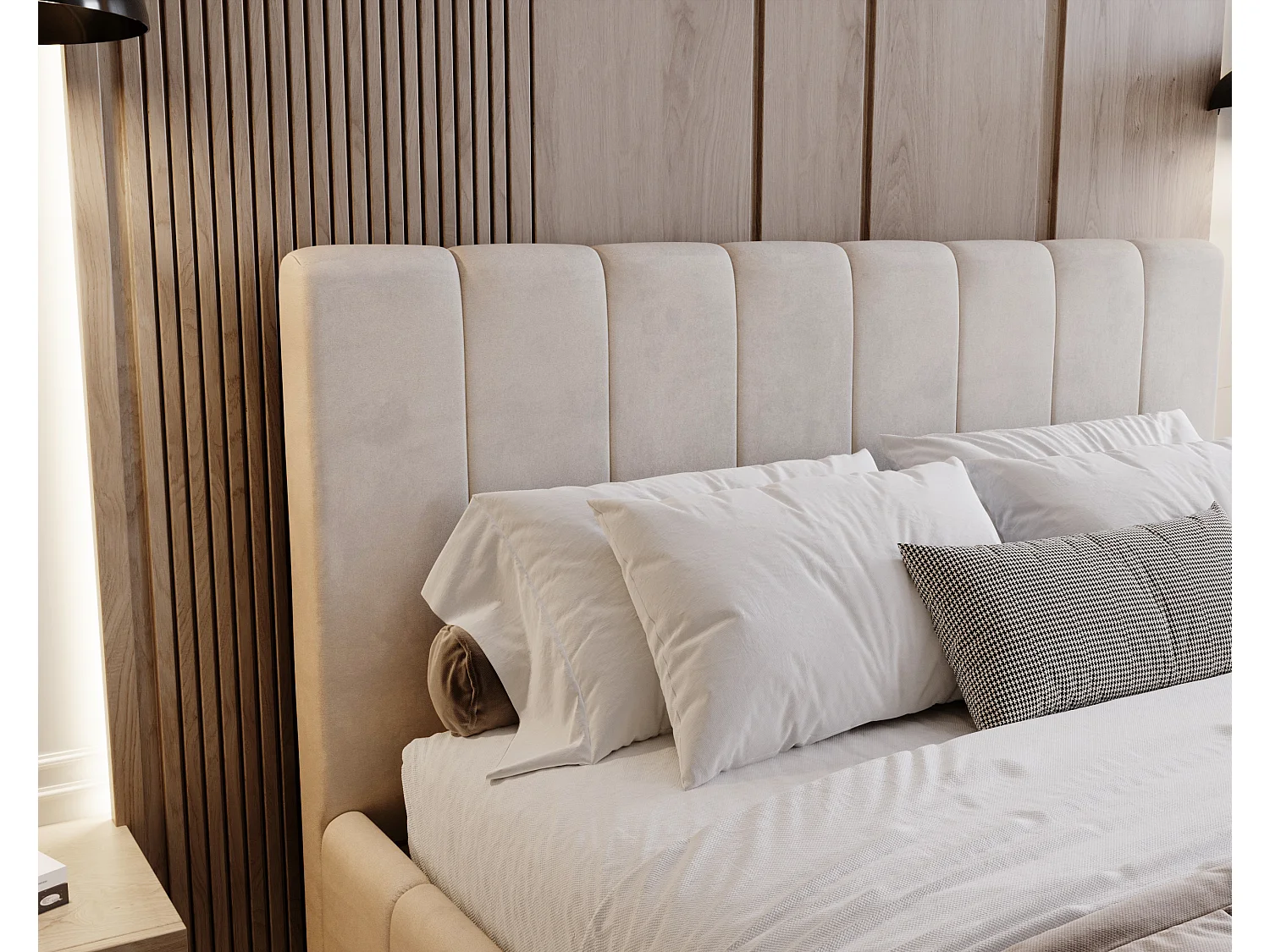 BESILIO Tapicerowane łóżko slim 120x200 Lexy - stelaż metalowy, pojemnik na pościel, slim łóżko, tkanina velurowa - Beżowy