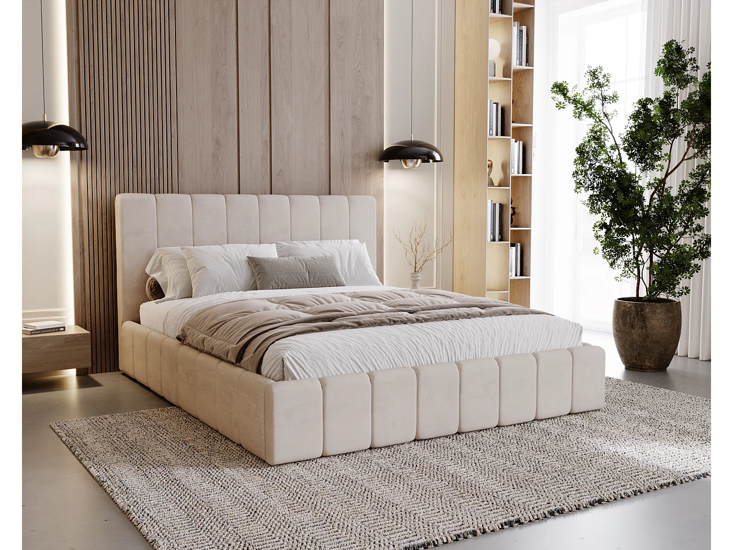 BESILIO Tapicerowane łóżko slim 120x200 Lexy - stelaż metalowy, pojemnik na pościel, slim łóżko, tkanina velurowa - Beżowy