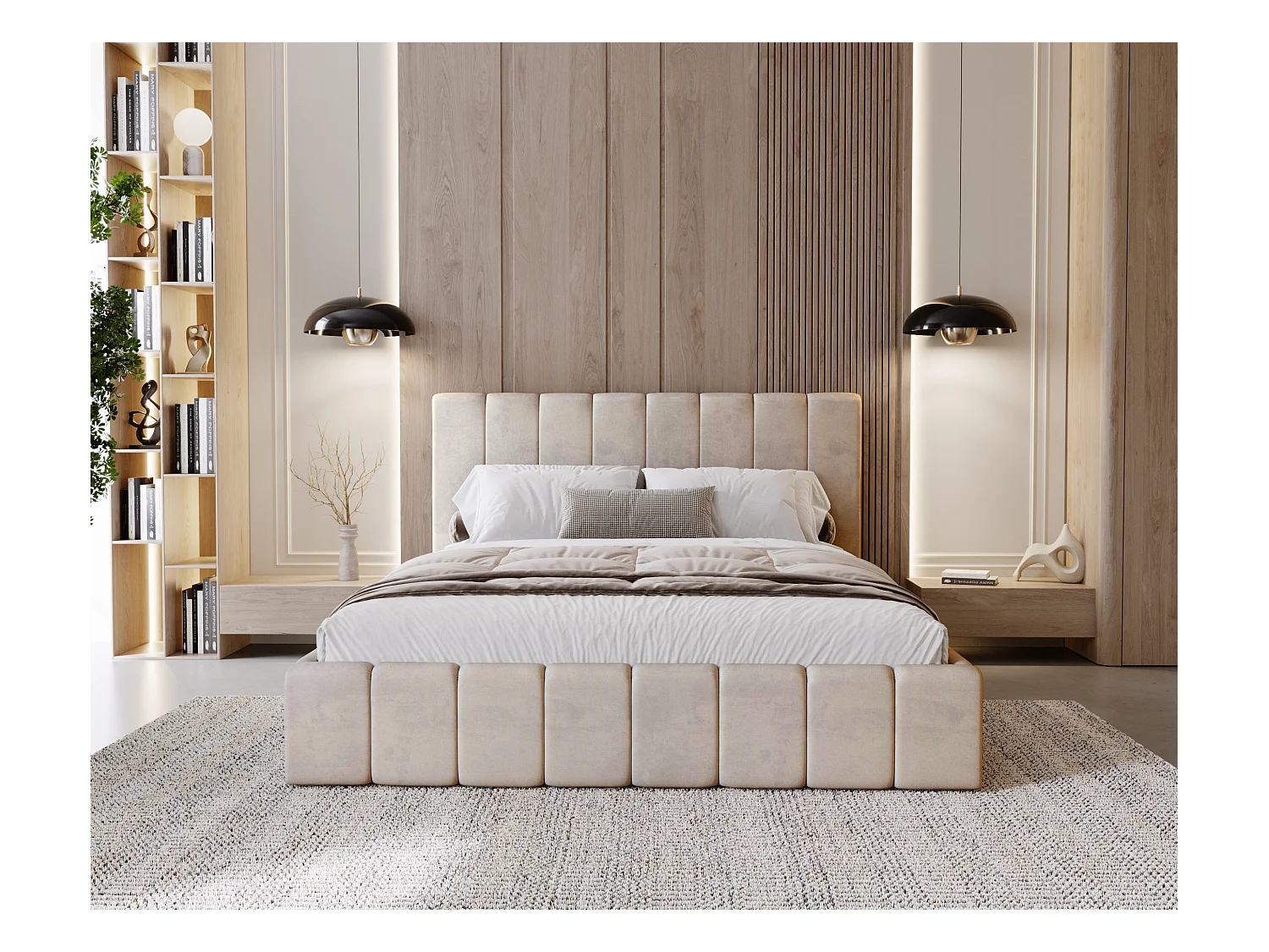 BESILIO Gestoffeerd bed Slim 140x200 Lexy – metalen frame, opbergruimte voor beddengoed, slank bed, fluwelen stof – Beige