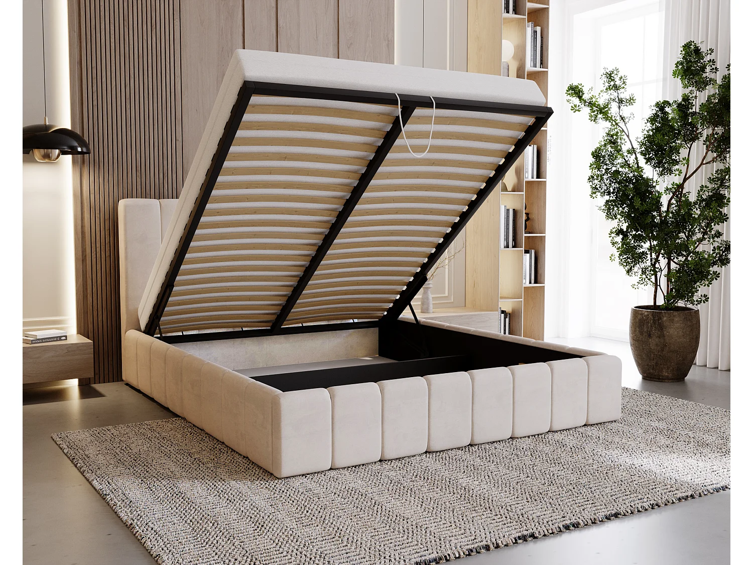 BESILIO Tapicerowane łóżko slim 140x200 Lexy - stelaż metalowy, pojemnik na pościel, slim łóżko, tkanina velurowa - Beżowy