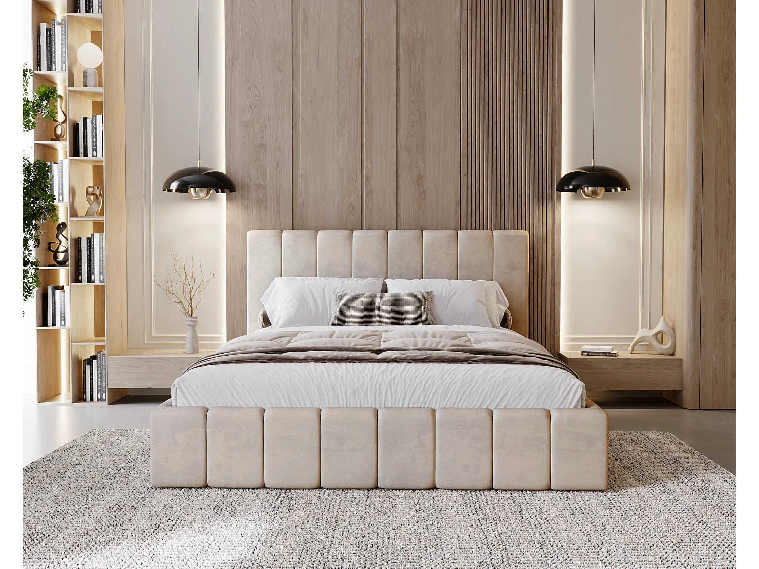 BESILIO Tapicerowane łóżko slim 140x200 Lexy - stelaż metalowy, pojemnik na pościel, slim łóżko, tkanina velurowa - Beżowy