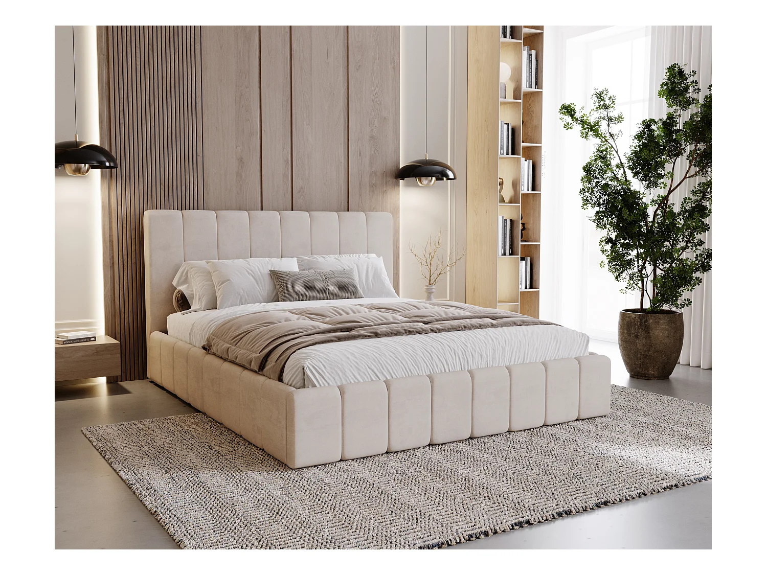 BESILIO Tapicerowane łóżko slim 200x200 Lexy - stelaż metalowy, pojemnik na pościel, slim łóżko, tkanina velurowa - Beżowy