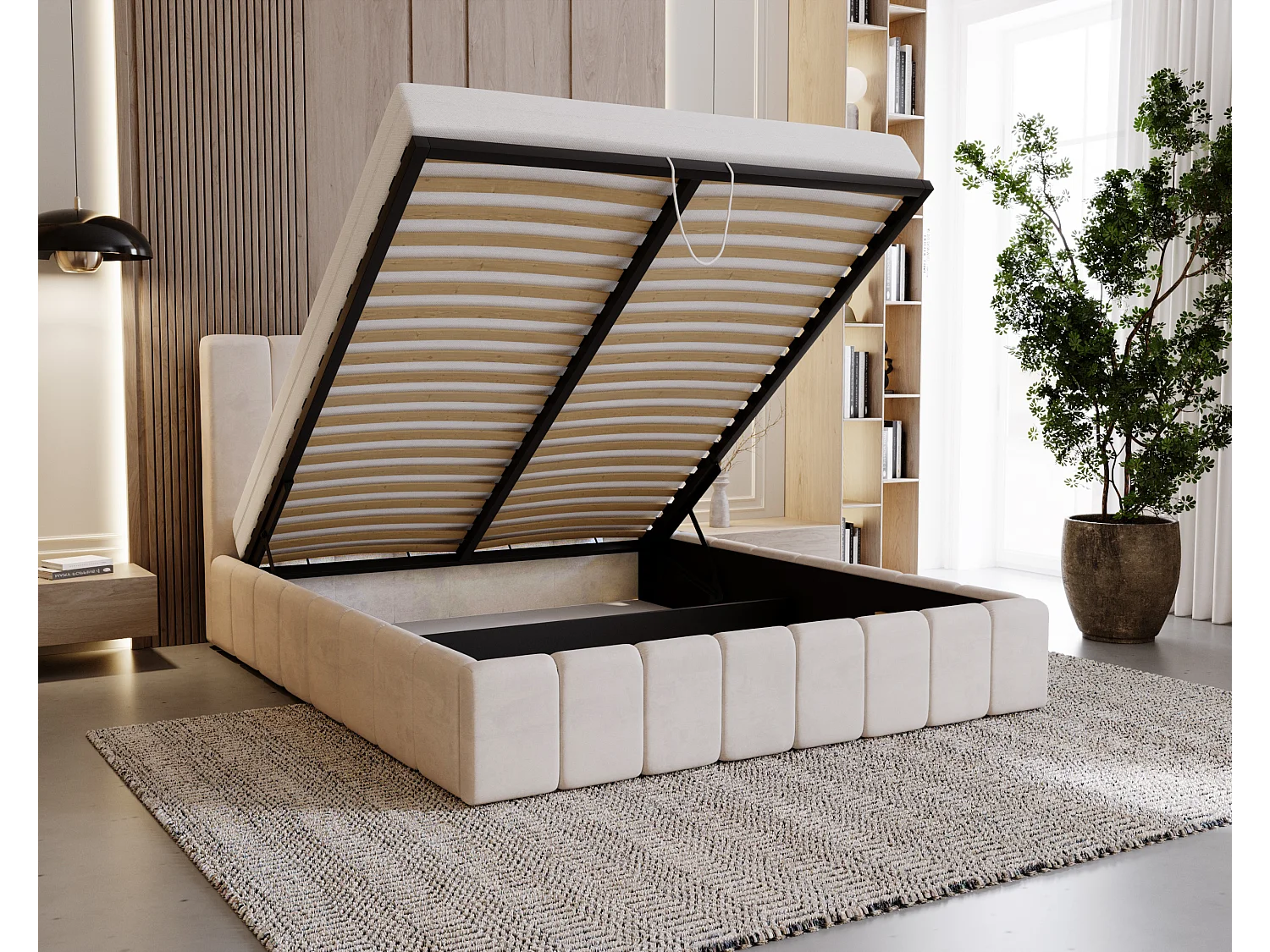 BESILIO Tapicerowane łóżko slim 200x200 Lexy - stelaż metalowy, pojemnik na pościel, slim łóżko, tkanina velurowa - Beżowy