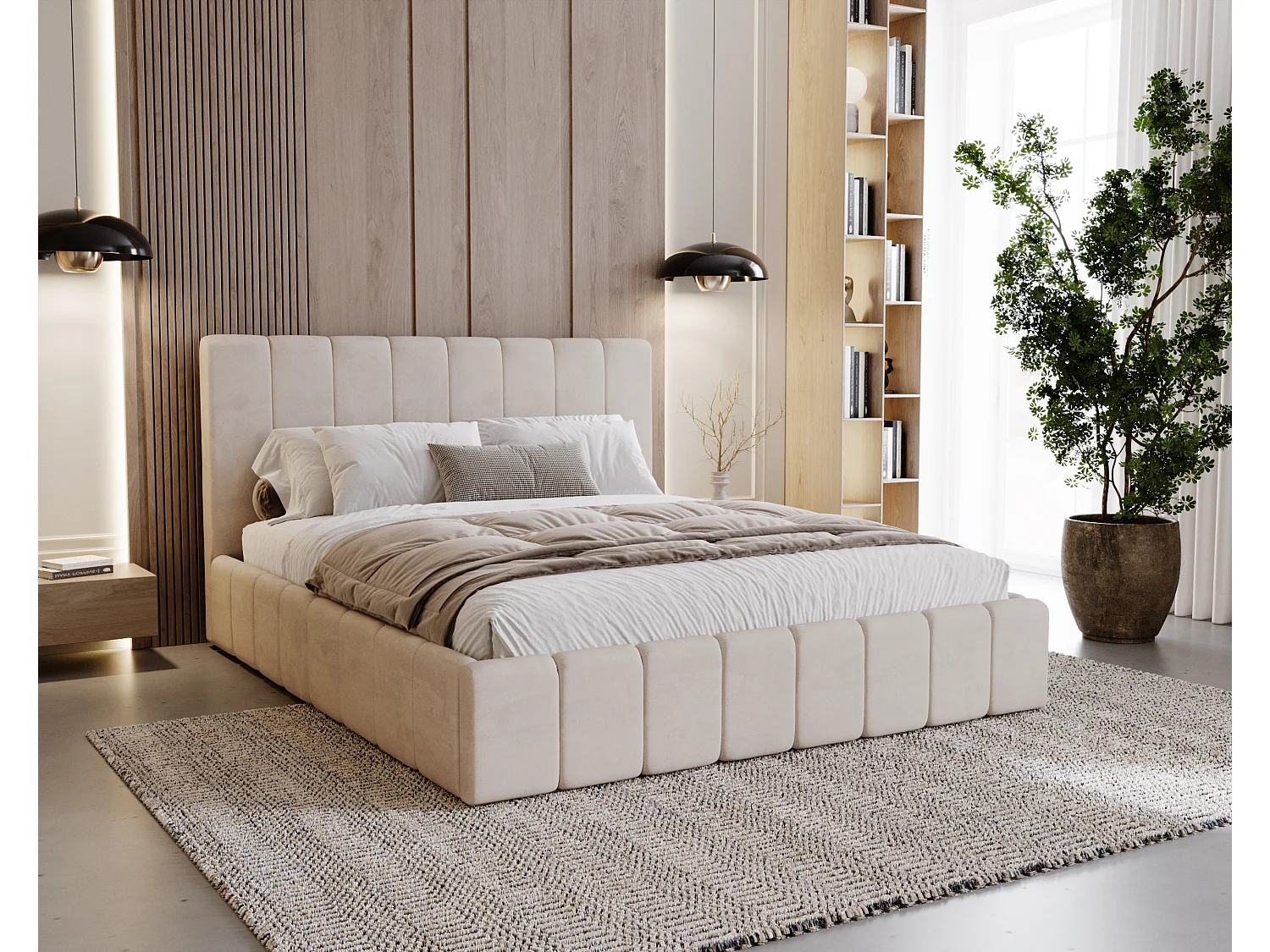 BESILIO Lit tapissé Slim 200x200 Lexy – cadre en métal, coffre de rangement pour le linge de lit, lit fin, tissu velours – Beige