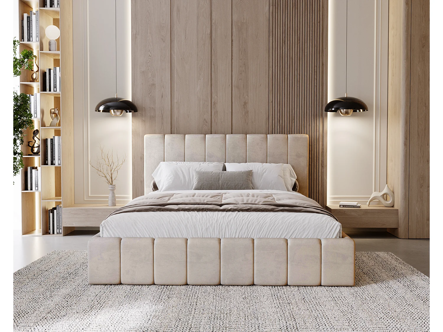 BESILIO Lit tapissé Slim 200x200 Lexy – cadre en métal, coffre de rangement pour le linge de lit, lit fin, tissu velours – Beige