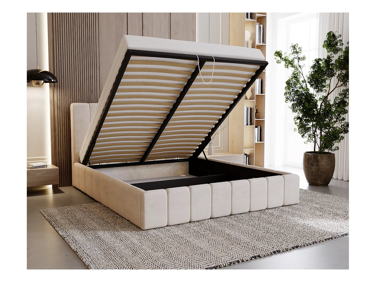 BESILIO Tapicerowane łóżko slim 160x200 Lexy - stelaż metalowy, pojemnik na pościel, slim łóżko, tkanina velurowa - Beżowy